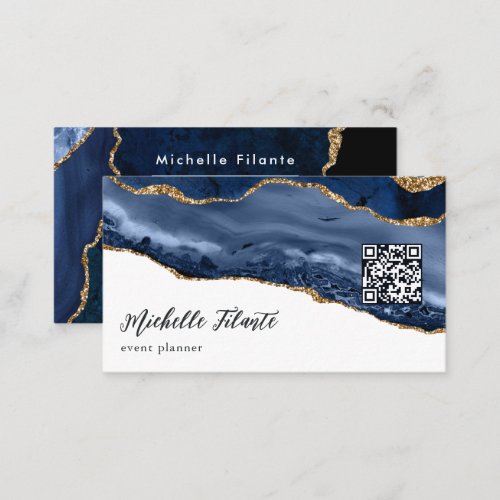 Navy and Gold Agate QR Code Business Card