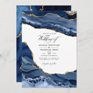 Navy and Gold Agate Stone Wedding Photo Invitation