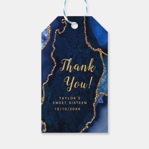 Navy and Gold Agate Sweet Sixteen Thank You Gift Tags