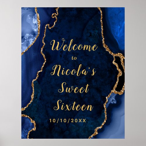 Navy and Gold Agate Sweet Sixteen Welcome Poster