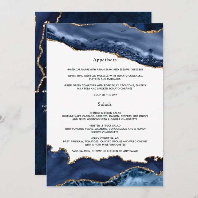 Navy and Gold Agate Wedding Menu (Front/Back)