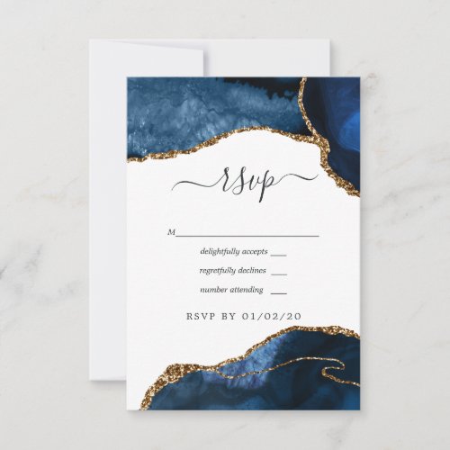 Navy and Gold Agate Wedding RSVP Card