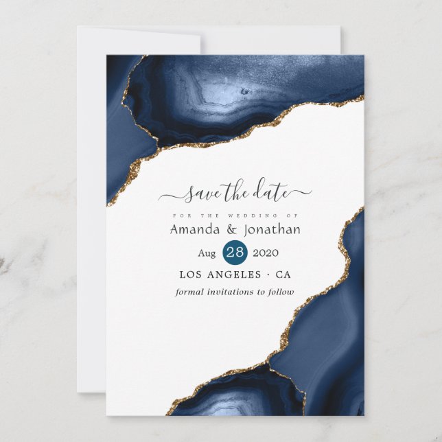 Navy and Gold Agate Wedding Save The Date (Front)