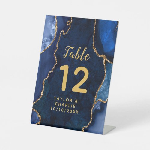 Navy and Gold Agate Wedding Table Number Pedestal Sign