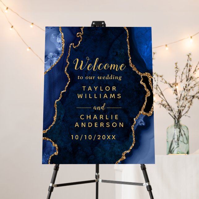 Navy and Gold Agate Wedding Welcome Foam Board (In Situ (Stand))