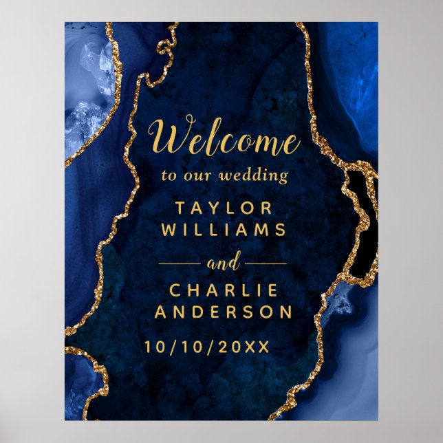 Navy and Gold Agate Wedding Welcome Poster (Front)