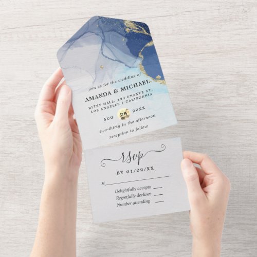 Navy and Gold Alcohol Ink Wedding All In One Invit All In One Invitation
