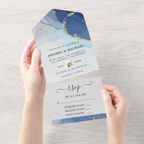 Navy and Gold Alcohol Ink Wedding All In One Invitation