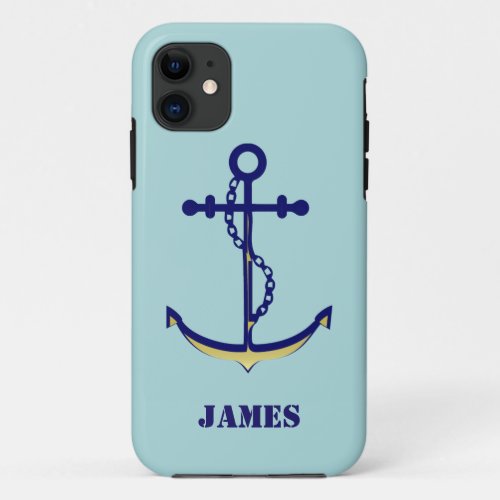 Navy and Gold Anchor with Name Nautical iPhone 11 Case