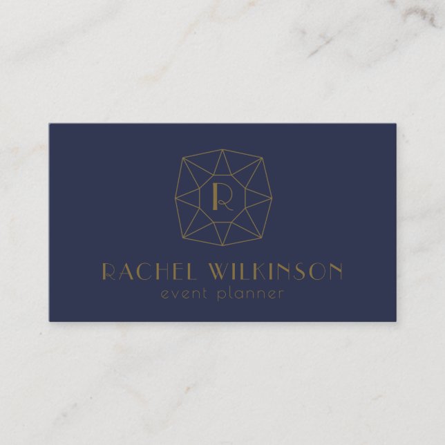 Navy and Gold Art Dec Gem Social Media Monogram Business Card (Front)
