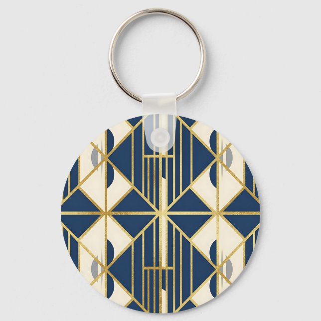 Navy and Gold Art Deco Geometric Pattern Keychain (Front)