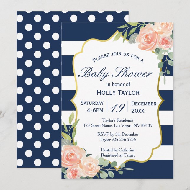 Navy and Gold Baby Shower Invitation (Front/Back)
