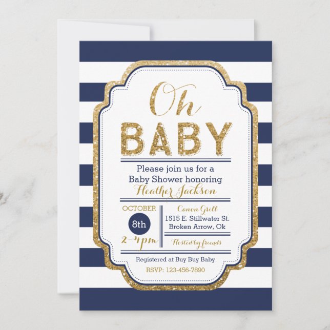 Navy And Gold Baby Shower Invitation, Baby boy Invitation (Front)