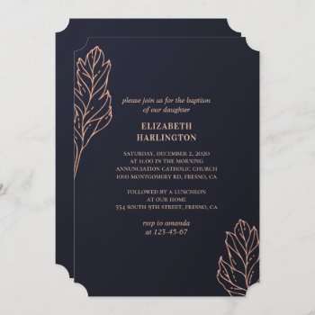 Navy And Gold Botanical Baptism. Blue Elegant Invitation by RemioniArt at Zazzle