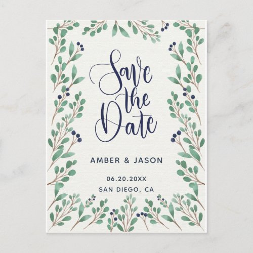 Navy and Gold botanical illustration Save the Date Postcard