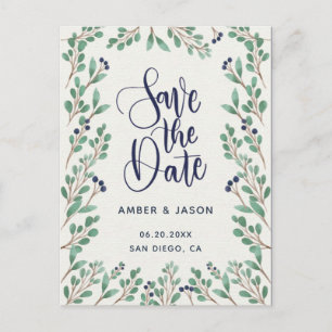 Navy and Gold botanical illustration Save the Date Postcard