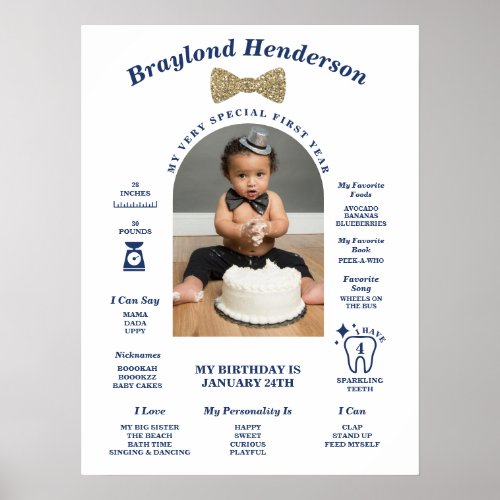 Navy and Gold Bowtie First Birthday Milestone Poster