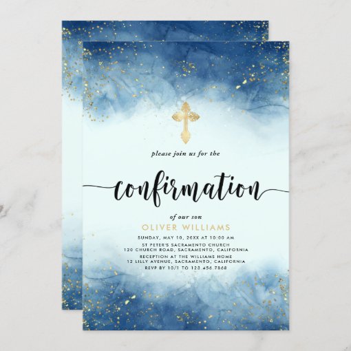 Navy And Gold Boy Confirmation Invitation | Zazzle