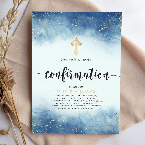 Navy And Gold Boy Confirmation Invitation