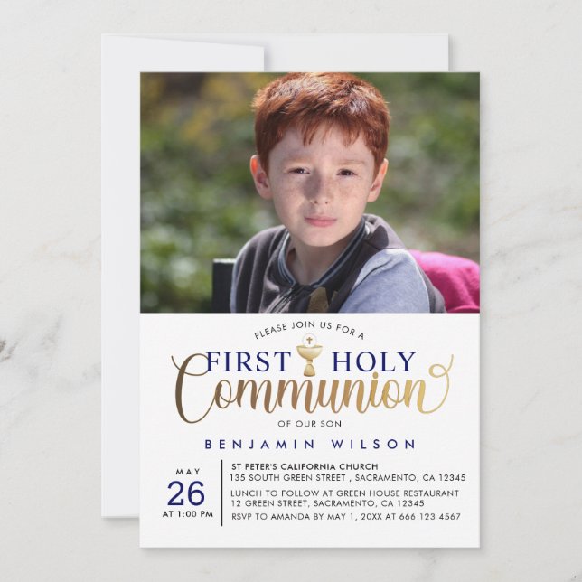 Navy And Gold Boy First Holy Communion Invitation (Front)