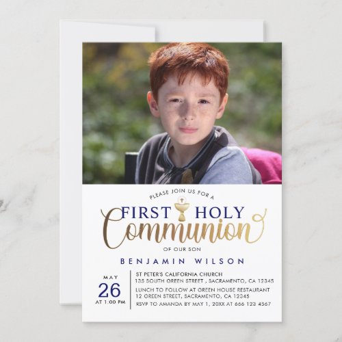 Navy And Gold Boy First Holy Communion Invitation