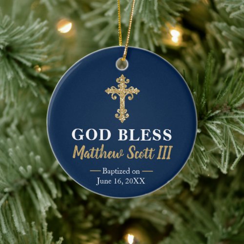 Navy and Gold Boys Baptism Keepsake Ceramic Ornament