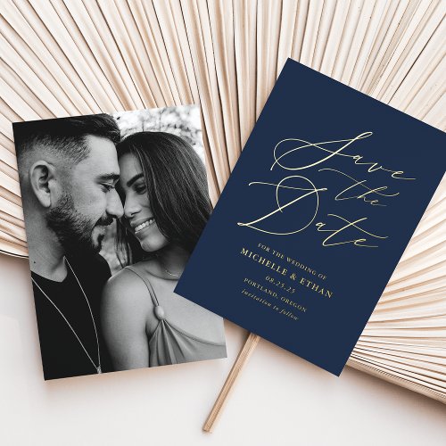 Navy and Gold Calligraphy Photo Save the Date Foil Invitation