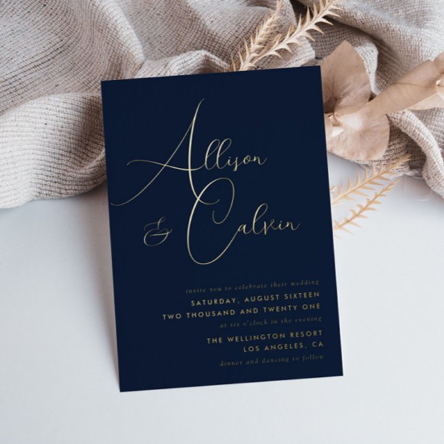 navy and gold calligraphy wedding foil invitation (Creator Uploaded)