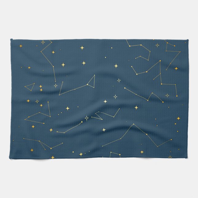Navy and Gold Celestial Constellation Stars Kitchen Towel (Horizontal)