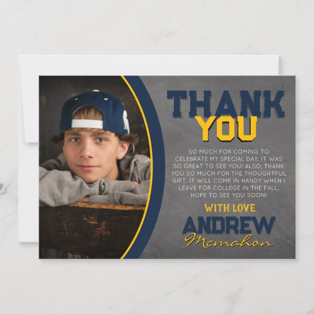 Navy and Gold Chalkboard Graduation Thank You Card (Front)
