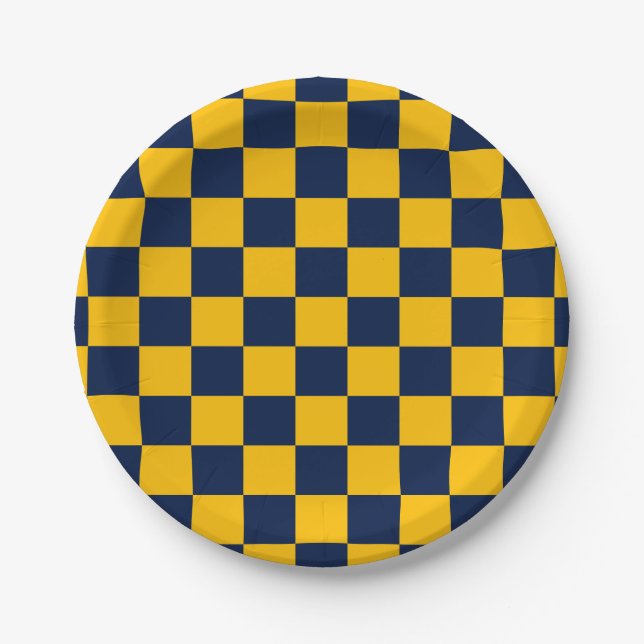 Navy and Gold Checkerboard Paper Plates (Front)