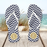 Navy and Gold Chevron Monogram Flip Flops<br><div class="desc">Custom printed flip flop sandals with a stylish modern chevron pattern and your custom monogram or other text in a circle frame. Click Customize It to change text fonts and colors or add your own images to create a unique one of a kind design!</div>