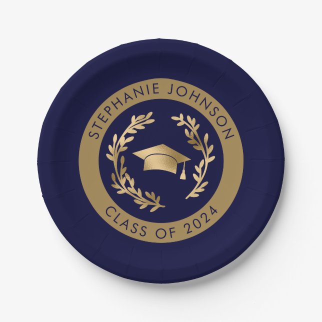 Navy and Gold Class of 2024 Graduation Party Paper Plates (Front)