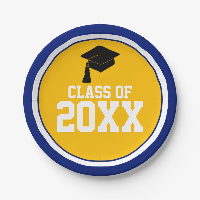 Navy and Gold Class Year Graduation Party Paper Plates (Front)