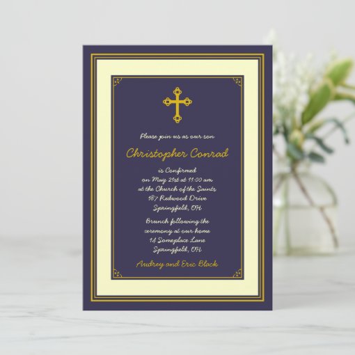 Navy and Gold Confirmation Invitation | Zazzle