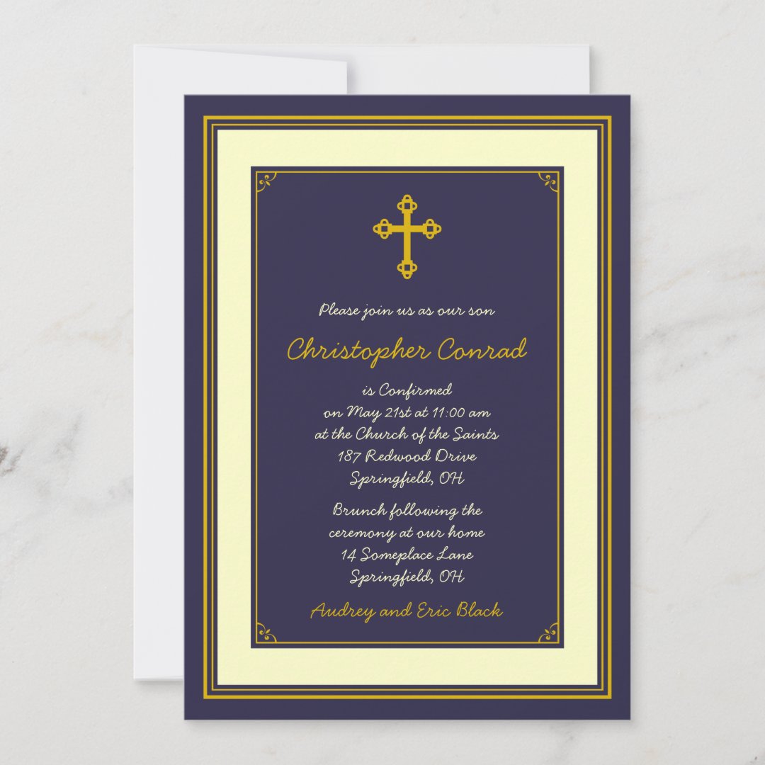 Navy and Gold Confirmation Invitation | Zazzle