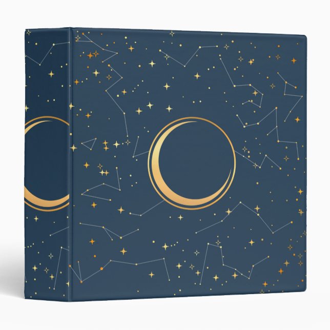 Navy and Gold Crescent Moon Eclipse Constellations 3 Ring Binder (Front/Spine)