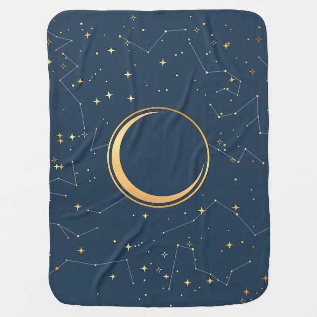 Navy and Gold Crescent Moon Eclipse Constellations Baby Blanket (Front)