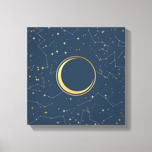 Navy and Gold Crescent Moon Eclipse Constellations Canvas Print