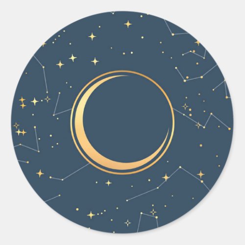 Navy and Gold Crescent Moon Eclipse Constellations Classic Round Sticker