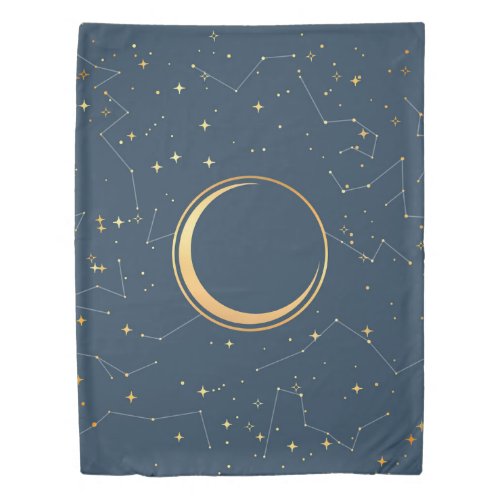 Navy and Gold Crescent Moon Eclipse Constellations Duvet Cover