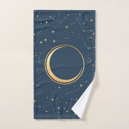 Navy and Gold Crescent Moon Eclipse Constellations Hand Towel