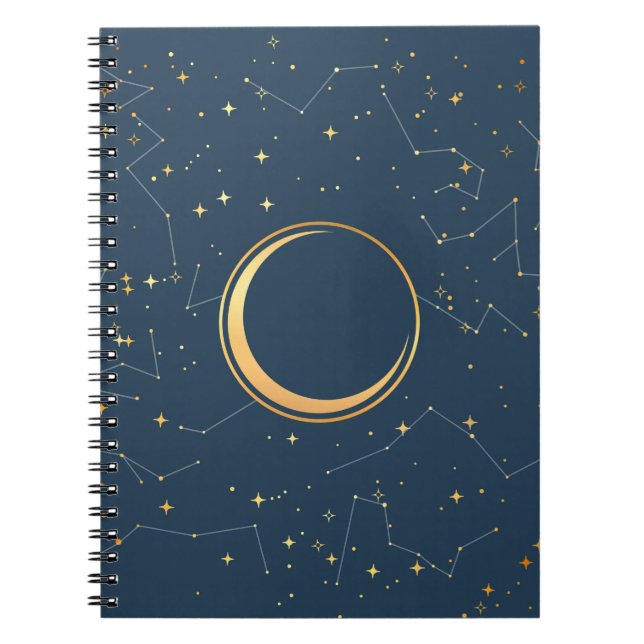 Navy and Gold Crescent Moon Eclipse Constellations Notebook (Front)