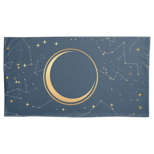 Navy and Gold Crescent Moon Eclipse Constellations Pillow Case