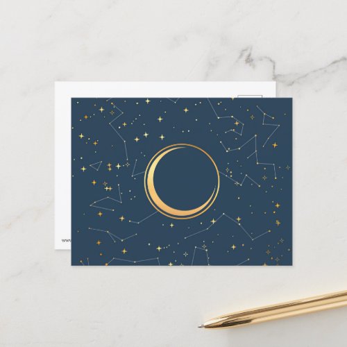 Navy and Gold Crescent Moon Eclipse Constellations Postcard