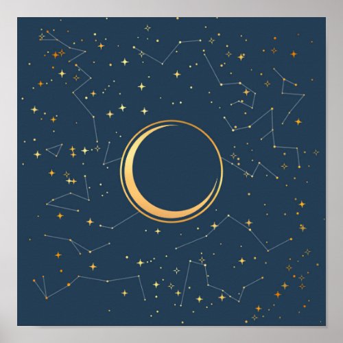 Navy and Gold Crescent Moon Eclipse Constellations Poster