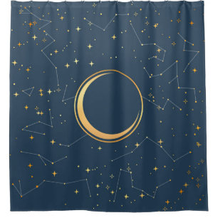 Navy and Gold Crescent Moon Eclipse Constellations Shower Curtain