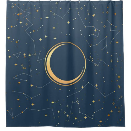 Navy and Gold Crescent Moon Eclipse Constellations Shower Curtain