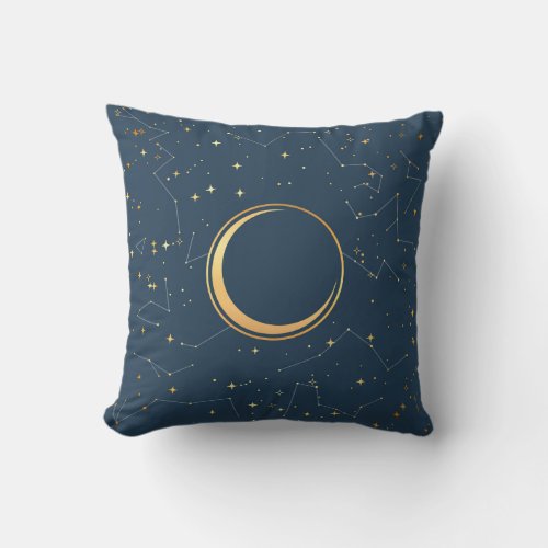 Navy and Gold Crescent Moon Eclipse Constellations Throw Pillow