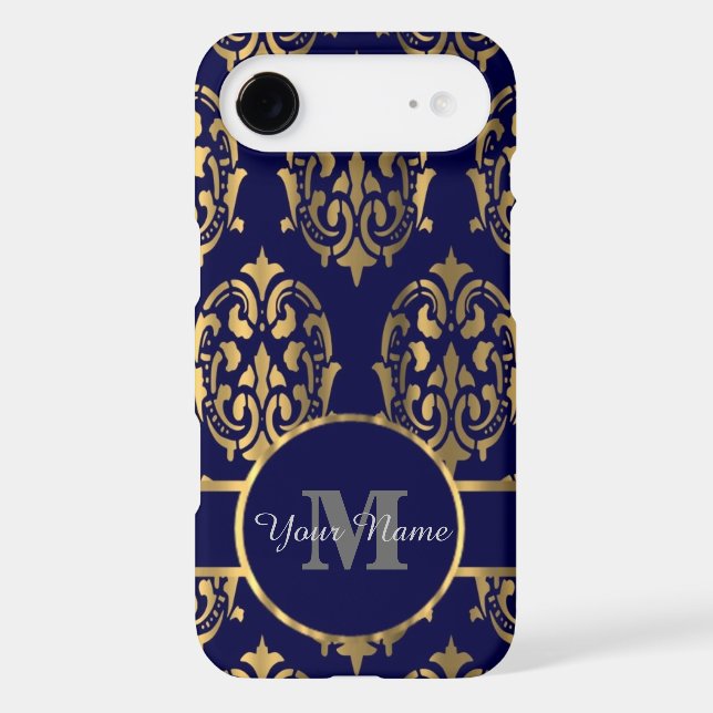 Navy and gold damask monogram Case-Mate iPhone case (Back)